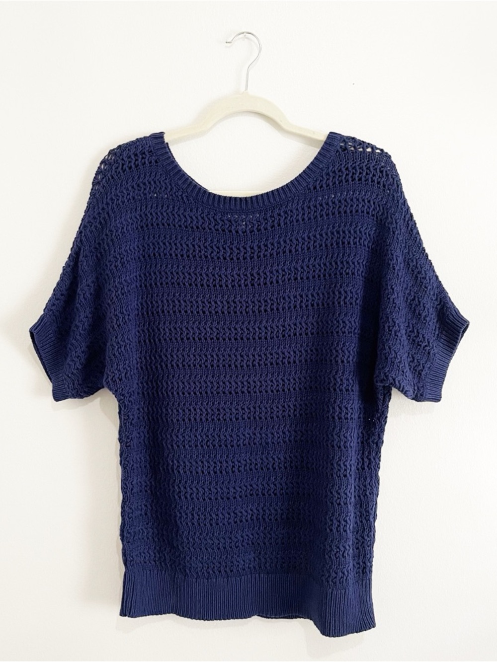Loft Pointelle Relaxed Sweater Tee 100% Cotton Knit Blue Women's Size XL